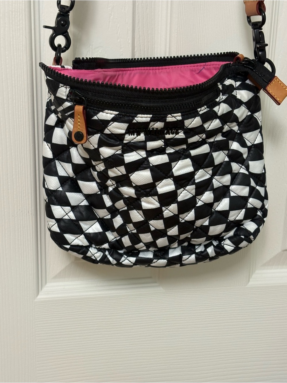 MZ Wallace Black & White Quilted Crossbody with Pink Lining
